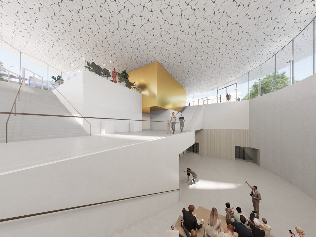 Kansallismuseon laajennuksen vaalea aula. 