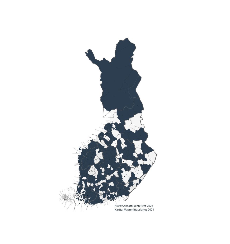 Suomen kartta, johon on merkitty kuntien tilatietopalveluiden 204 sopimuskuntaa.