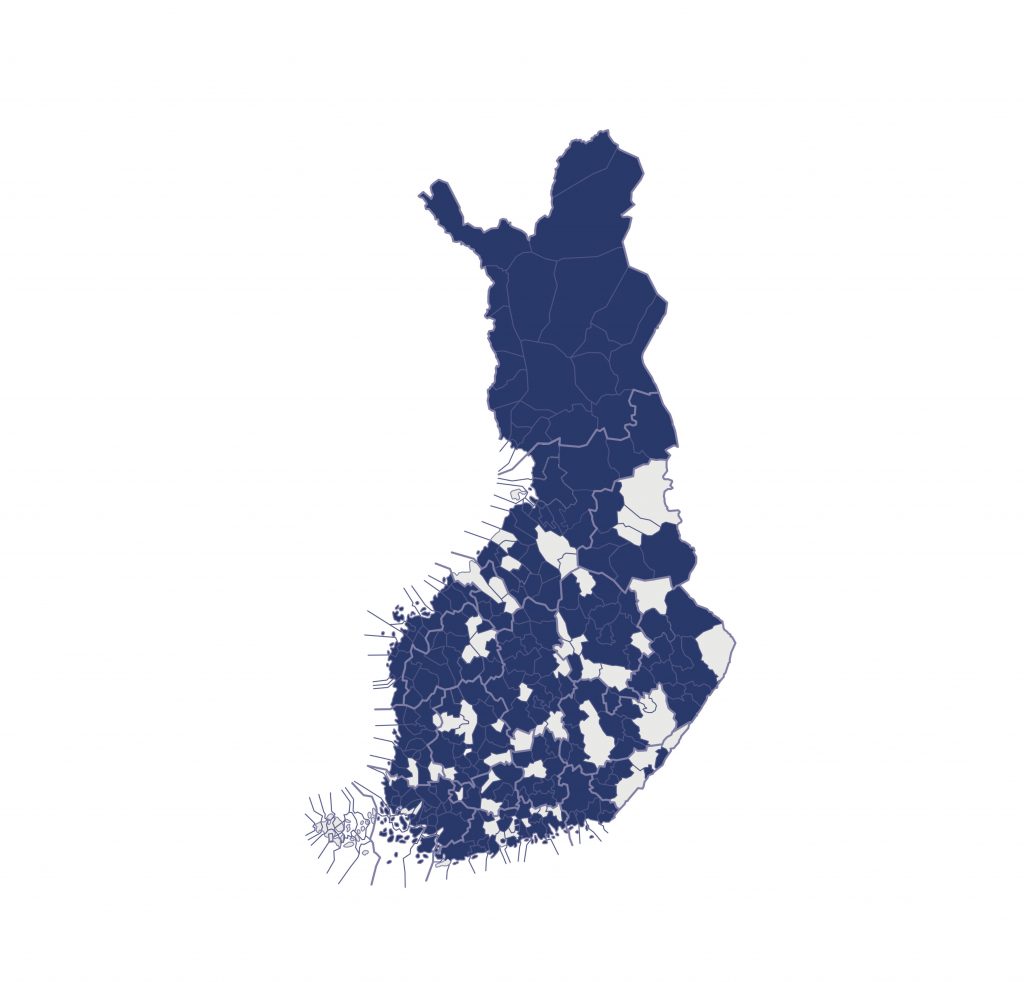 Suomen kartta, johon on merkitty kuntien tilatietopalvelujen 232 sopimuskuntaa.