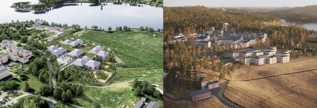 Kaksi ilmakuvaa rakennuksista luonnon keskellä.