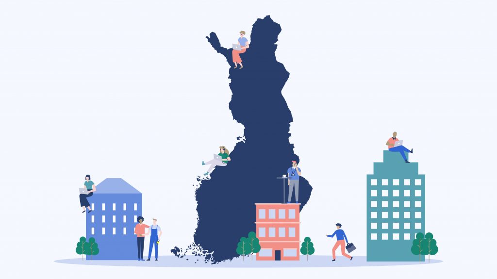 Suomen kartta, rakennuksia ja piirroshahmoja.