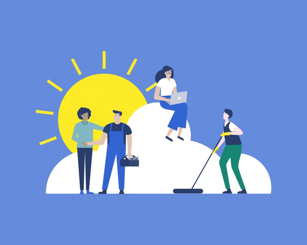 Kuvituskuvassa piirroshahmoja työskentelemässä, taustalla pilvi ja aurinko.