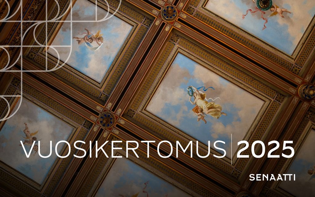 Vuosikertomuksen kansi, jossa kuva Säätytalon koristeellisesta katosta.