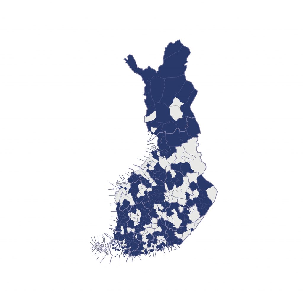 Suomen kartta, johon on merkitty kuntien tilatietopalvelujen 181 sopimuskuntaa.