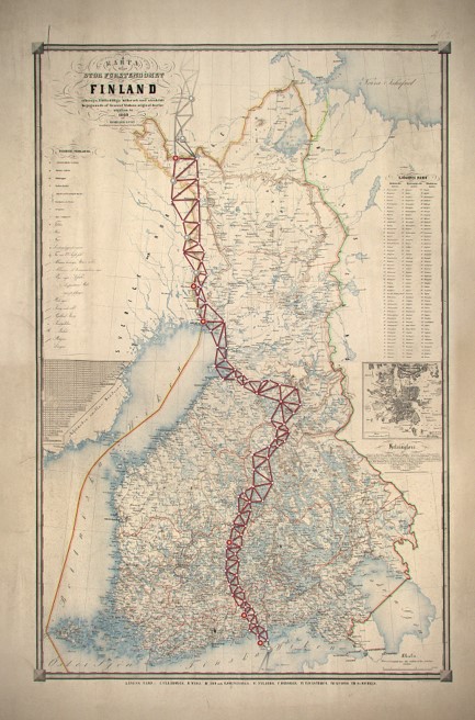Kuvassa on Struven ketju piirrettynä vuoden 1860 Suomen kartalle.