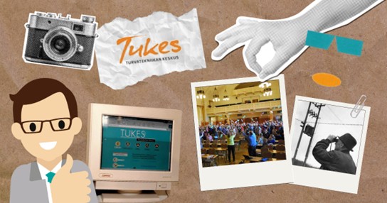 Tukesin vanha logo, vanha kamera ja tietokone, piirretty ihmishahmo sekä kaksi valokuvaa, joissa ihmisiä.